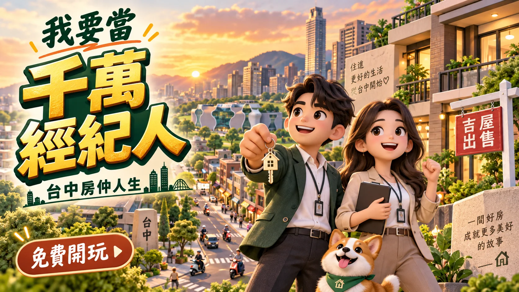 我要當千萬經紀人，台中房仲人生：房仲角色拿著鑰匙，與小狗一起探索台中街區的遊戲宣傳插畫