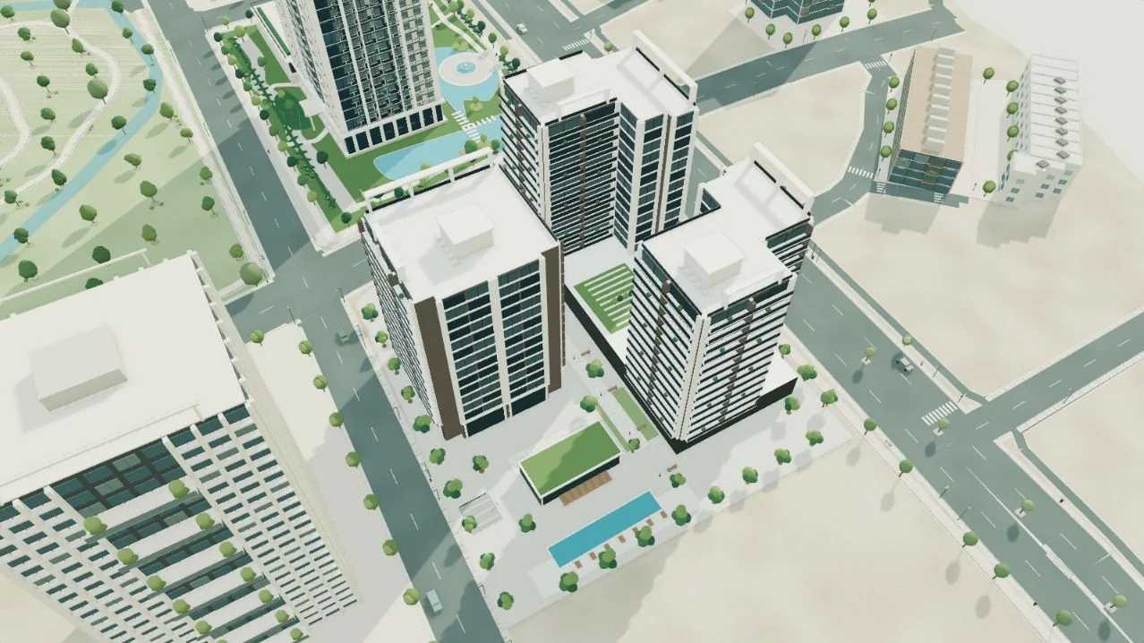 國泰MOST+三棟建築、分層植栽與庭園的新模型取景，建築景觀示意