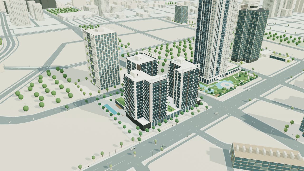 國泰MOST+三棟建築、庭園與周邊街景的3D示意畫面